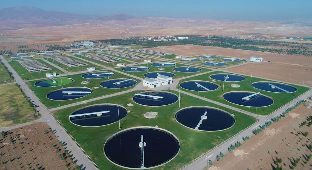 Aerial view of sewage treatment clarifiers